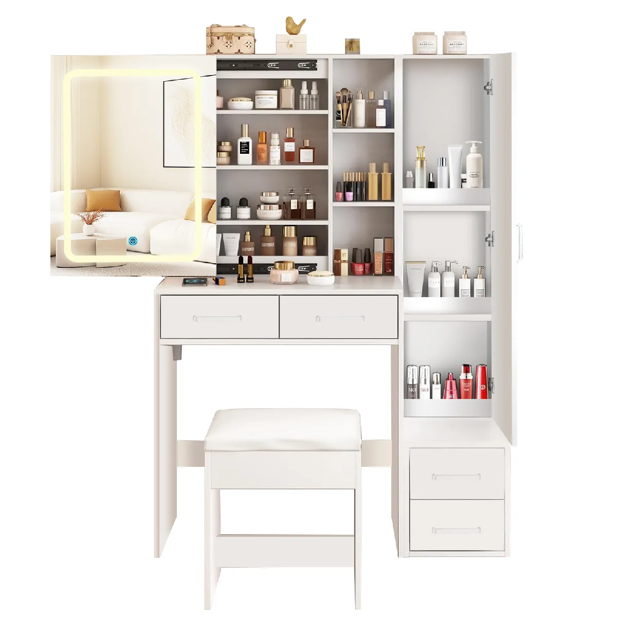 ByteLike Coiffeuse Blanche LED avec Tabouret